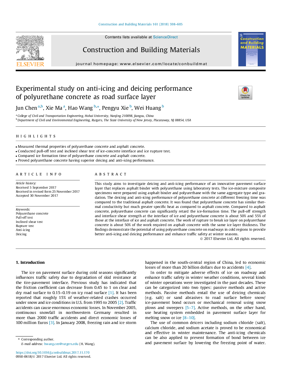 Experimental study on anti-icing and deicing performance of polyurethane concrete as road surface layer