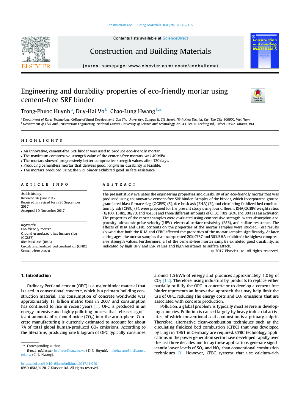 Engineering and durability properties of eco-friendly mortar using cement-free SRF binder