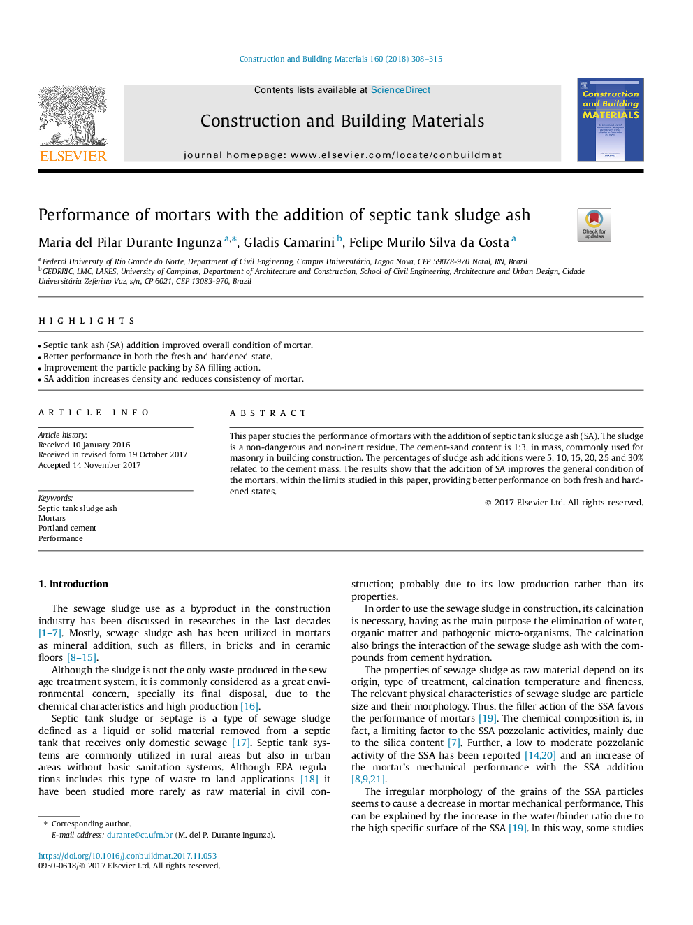 Performance of mortars with the addition of septic tank sludge ash