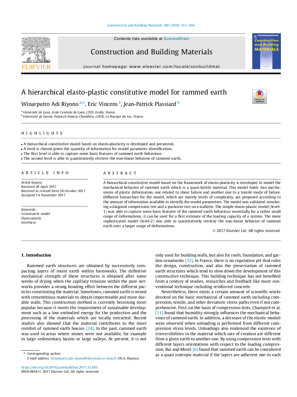 A hierarchical elasto-plastic constitutive model for rammed earth