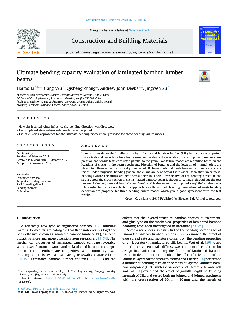 Ultimate bending capacity evaluation of laminated bamboo lumber beams