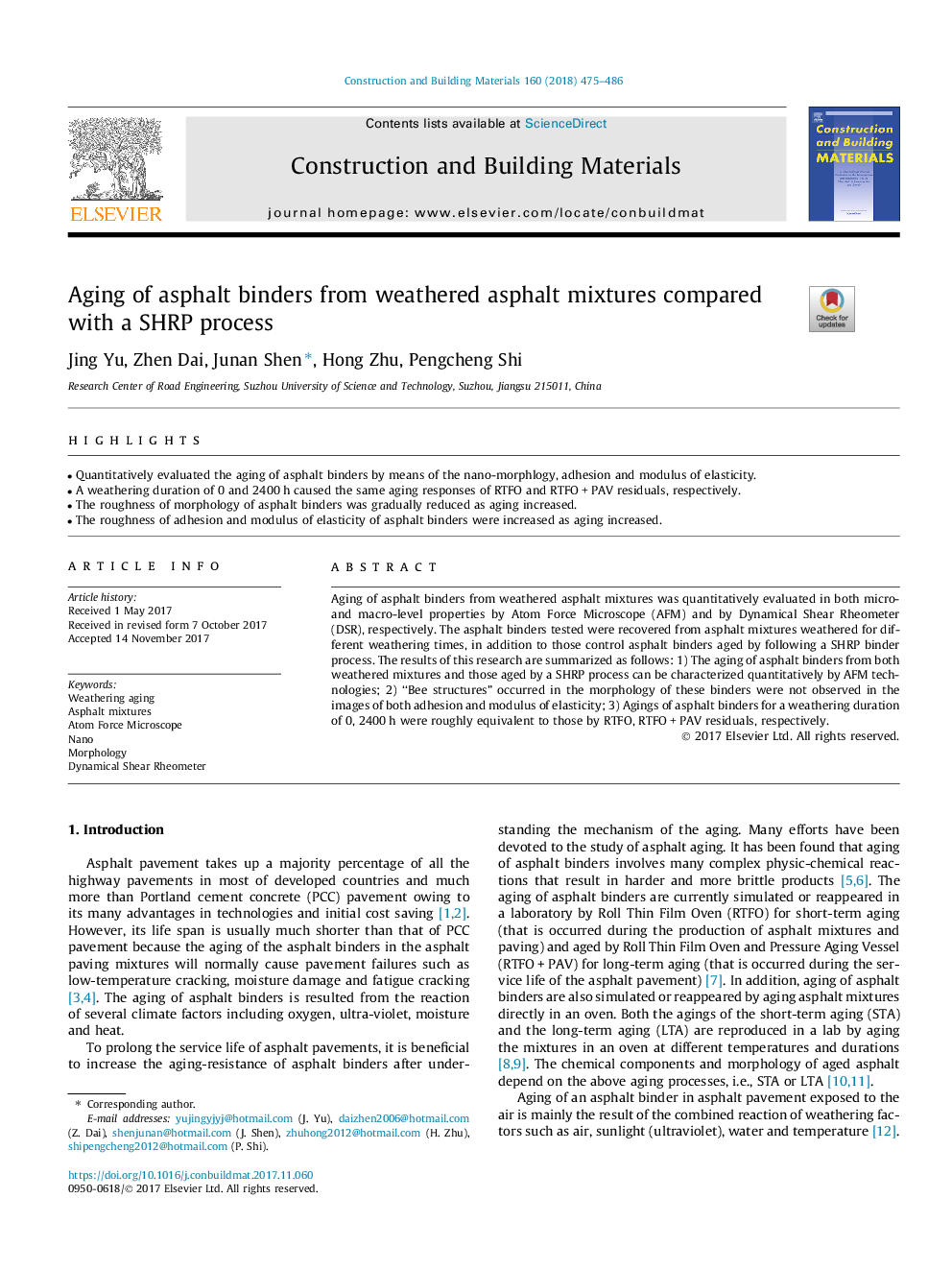 Aging of asphalt binders from weathered asphalt mixtures compared with a SHRP process