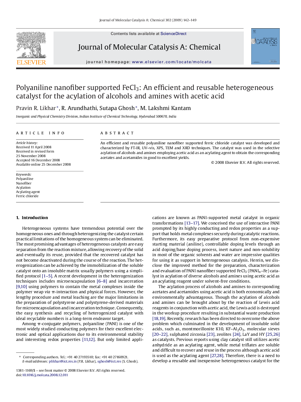 Polyaniline nanofiber supported FeCl3: An efficient and reusable heterogeneous catalyst for the acylation of alcohols and amines with acetic acid