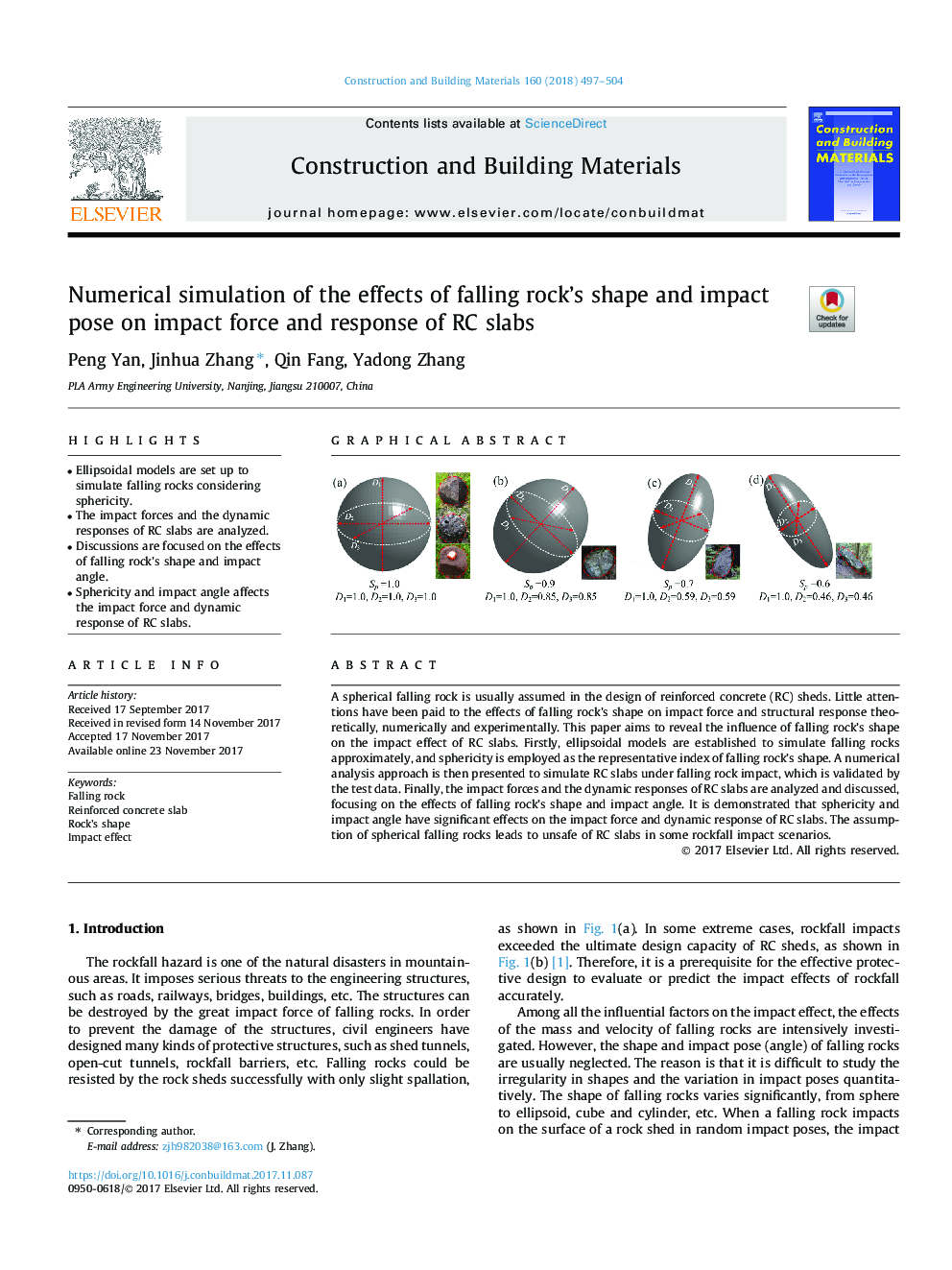 Numerical simulation of the effects of falling rock's shape and impact pose on impact force and response of RC slabs