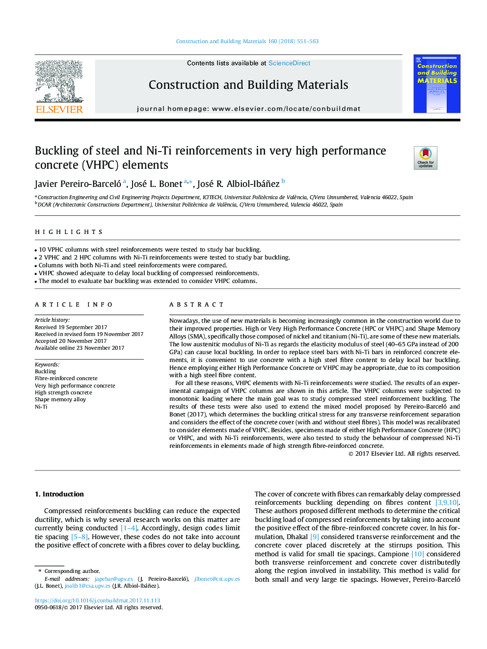 Buckling of steel and Ni-Ti reinforcements in very high performance concrete (VHPC) elements