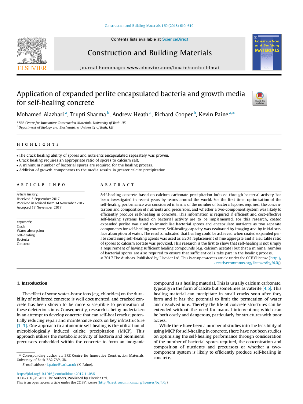 Application of expanded perlite encapsulated bacteria and growth media for self-healing concrete