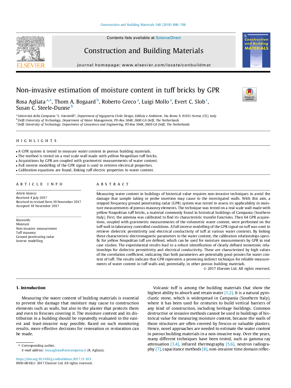 Non-invasive estimation of moisture content in tuff bricks by GPR