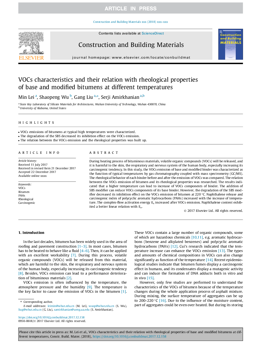 VOCs characteristics and their relation with rheological properties of base and modified bitumens at different temperatures