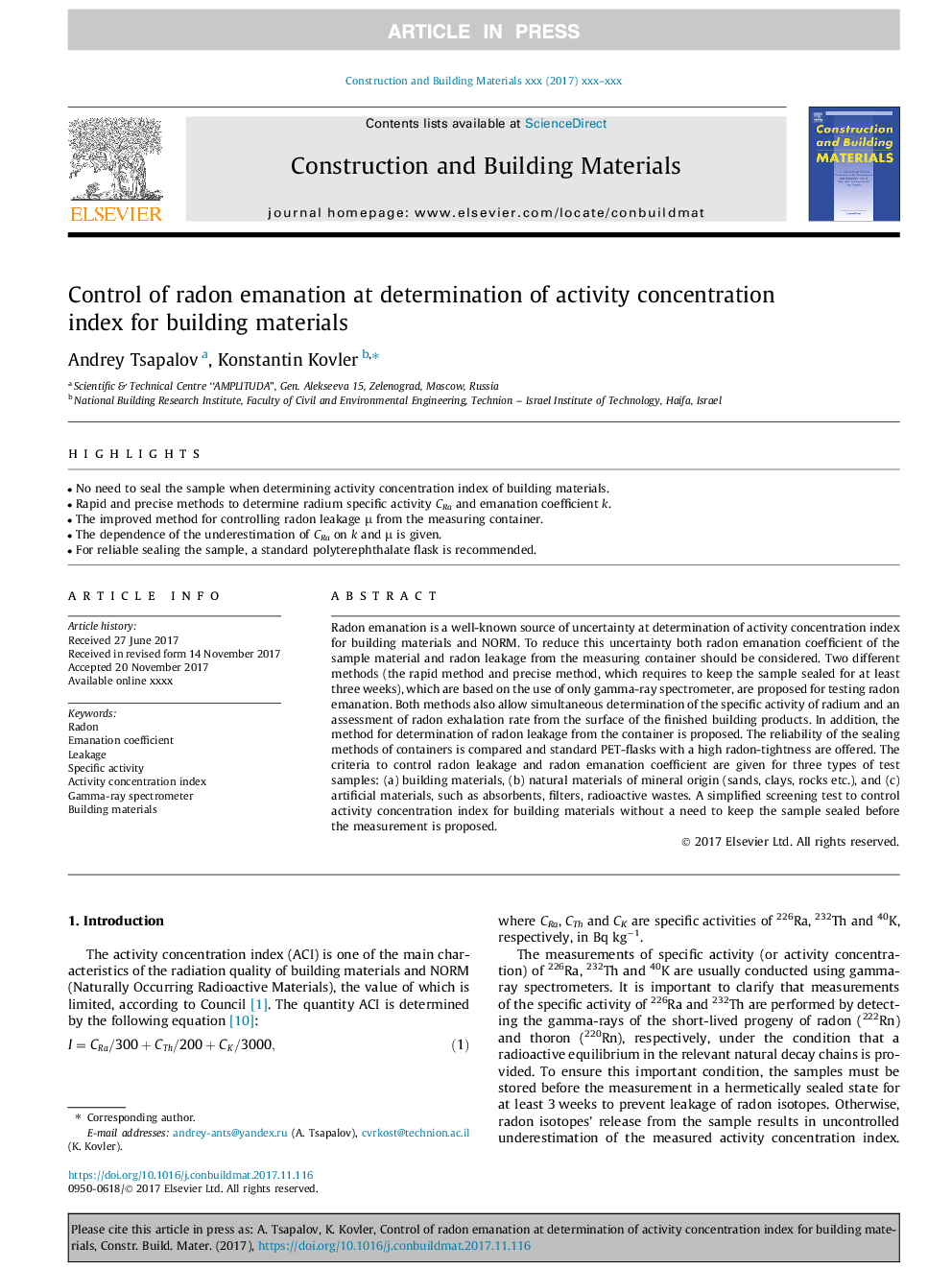 Control of radon emanation at determination of activity concentration index for building materials