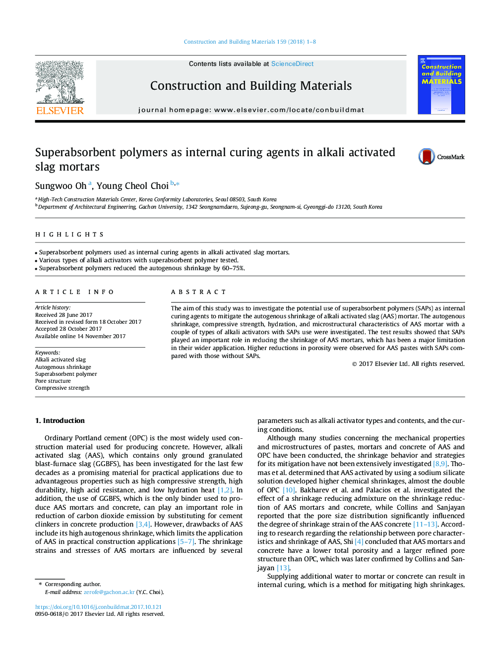 Superabsorbent polymers as internal curing agents in alkali activated slag mortars