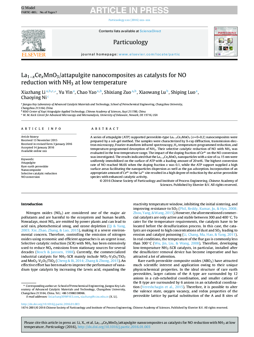 La1âxCexMnO3/attapulgite nanocomposites as catalysts for NO reduction with NH3 at low temperature