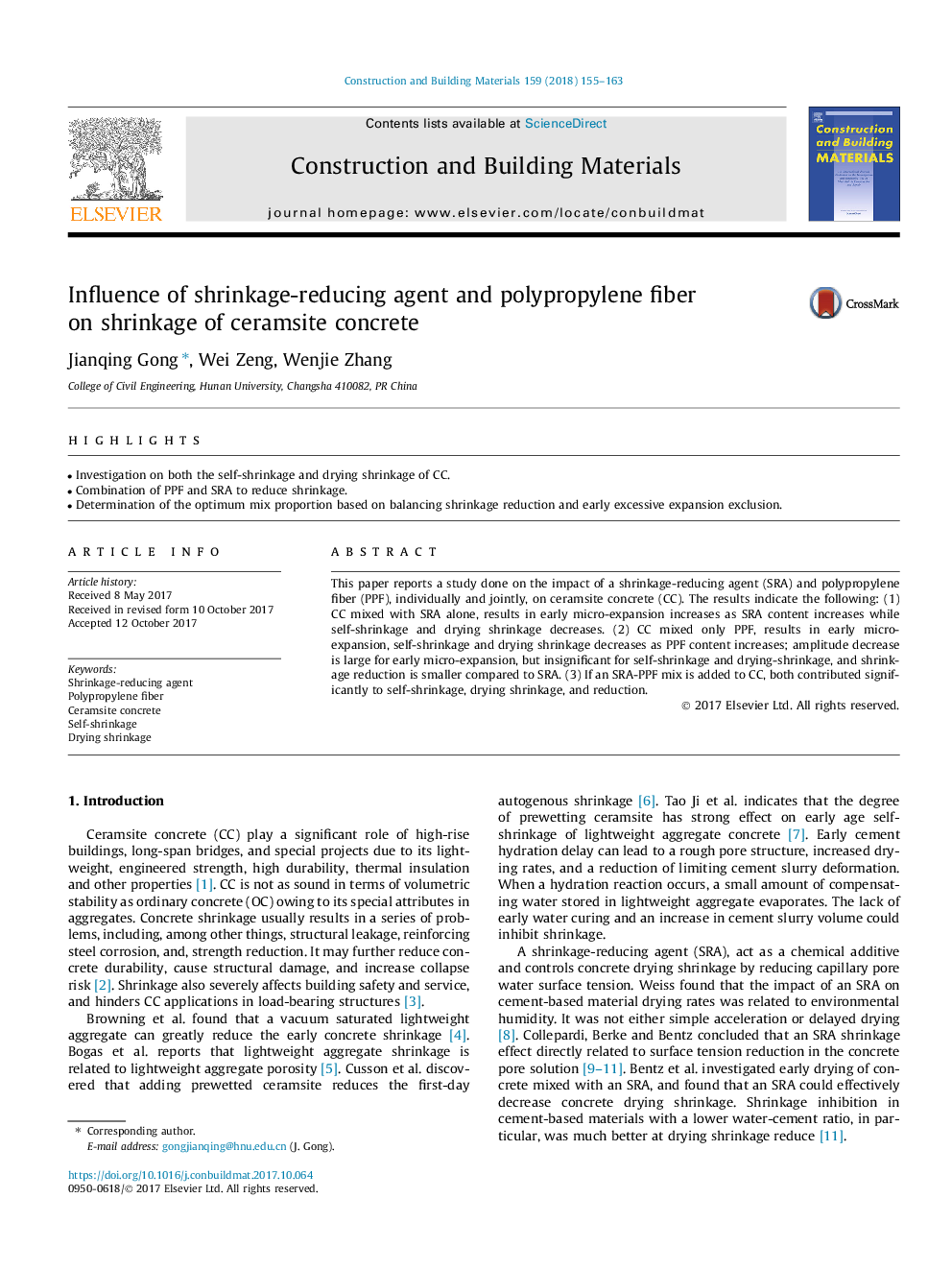 Influence of shrinkage-reducing agent and polypropylene fiber on shrinkage of ceramsite concrete