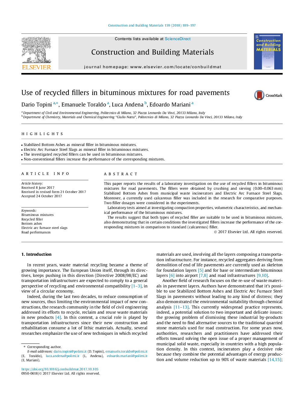 Use of recycled fillers in bituminous mixtures for road pavements