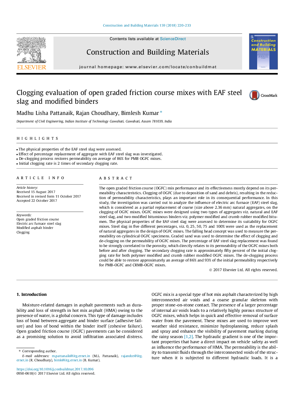 Clogging evaluation of open graded friction course mixes with EAF steel slag and modified binders