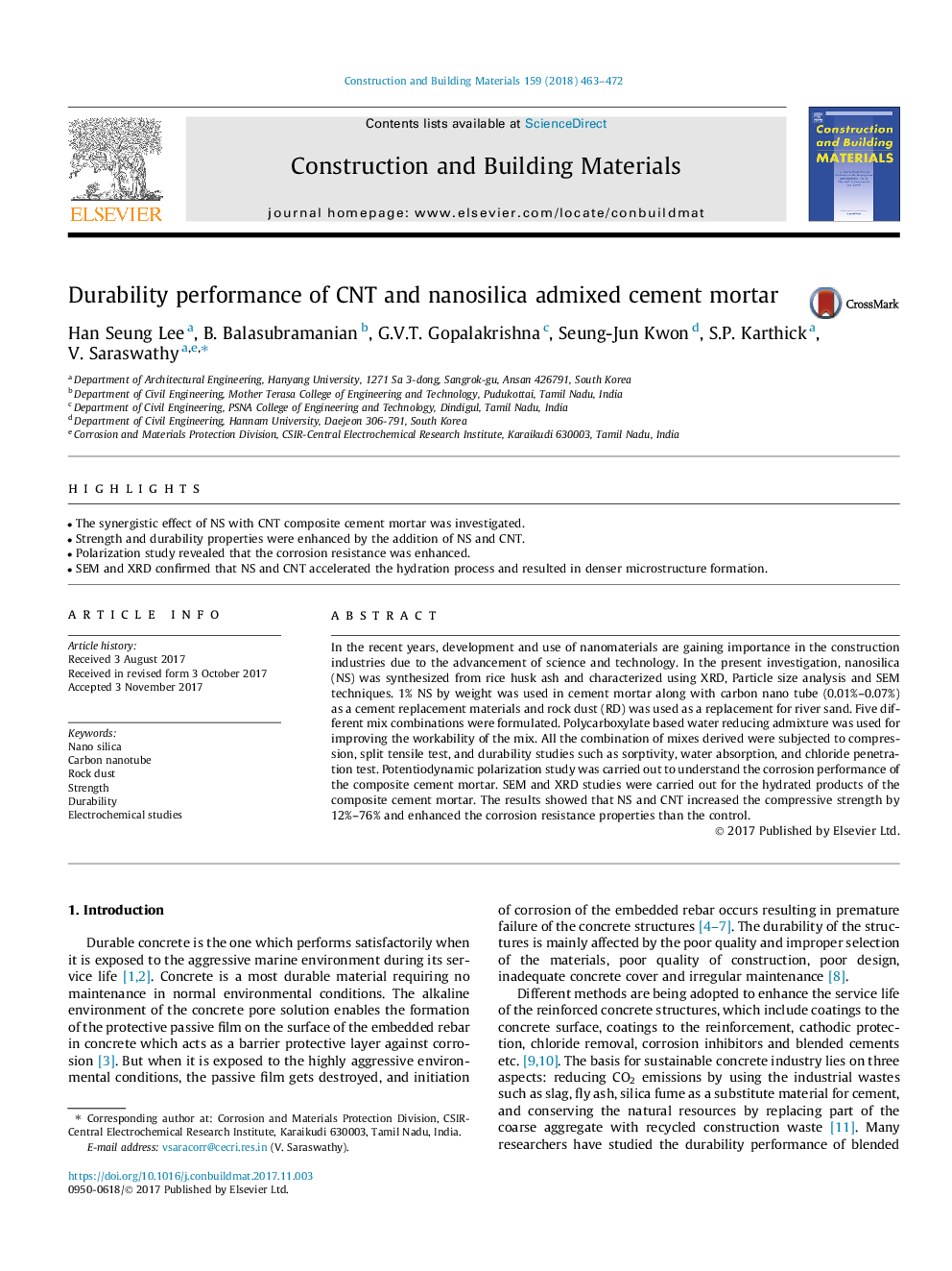 Durability performance of CNT and nanosilica admixed cement mortar