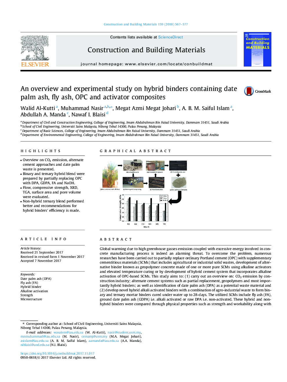 An overview and experimental study on hybrid binders containing date palm ash, fly ash, OPC and activator composites