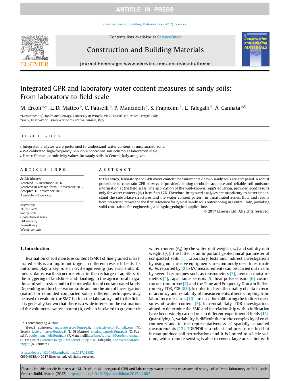 Integrated GPR and laboratory water content measures of sandy soils: From laboratory to field scale