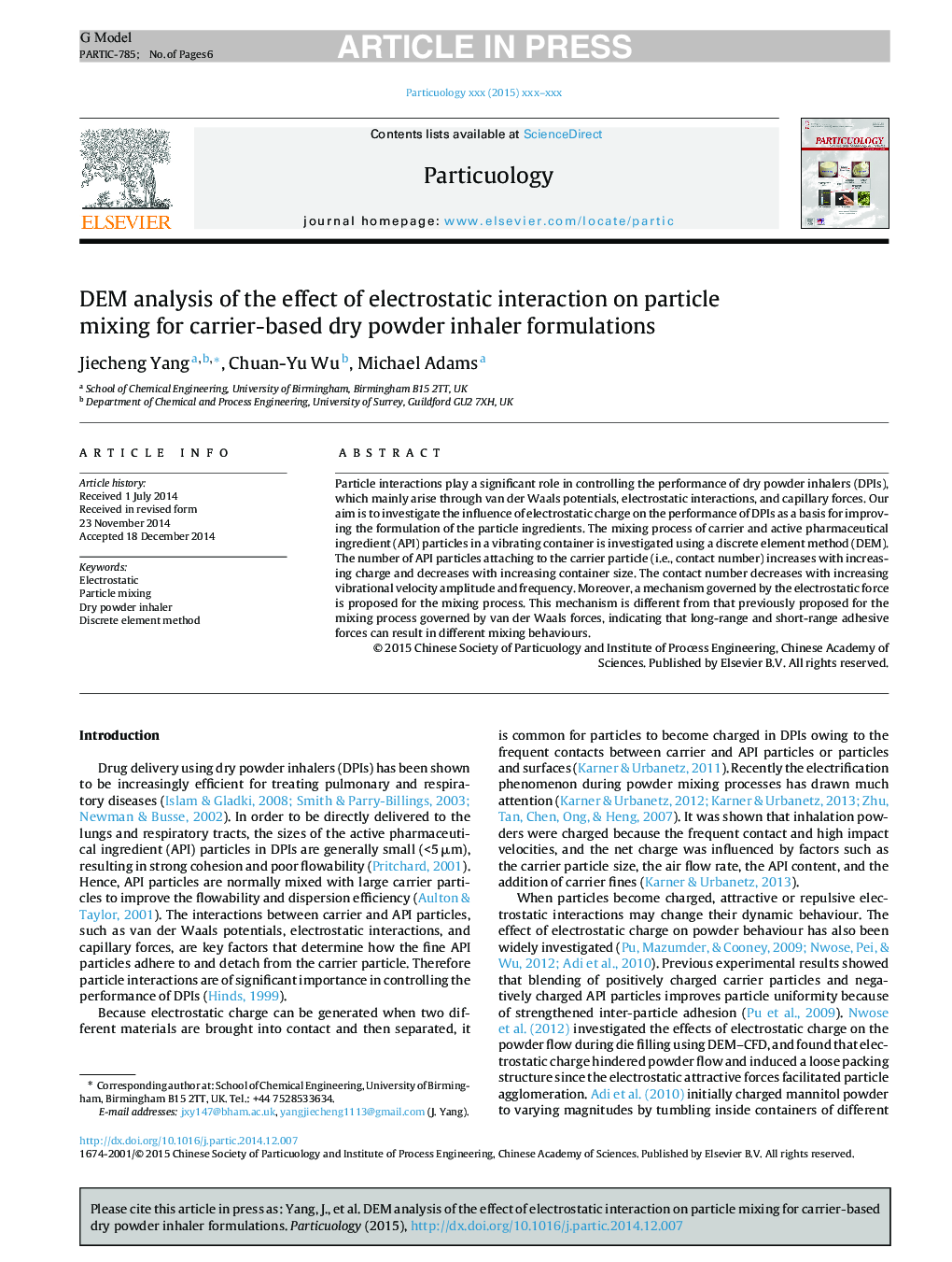 DEM analysis of the effect of electrostatic interaction on particle mixing for carrier-based dry powder inhaler formulations