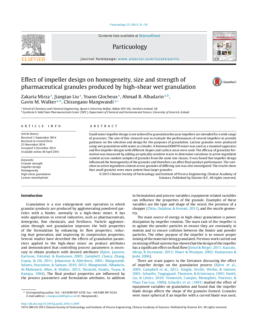 Effect of impeller design on homogeneity, size and strength of pharmaceutical granules produced by high-shear wet granulation