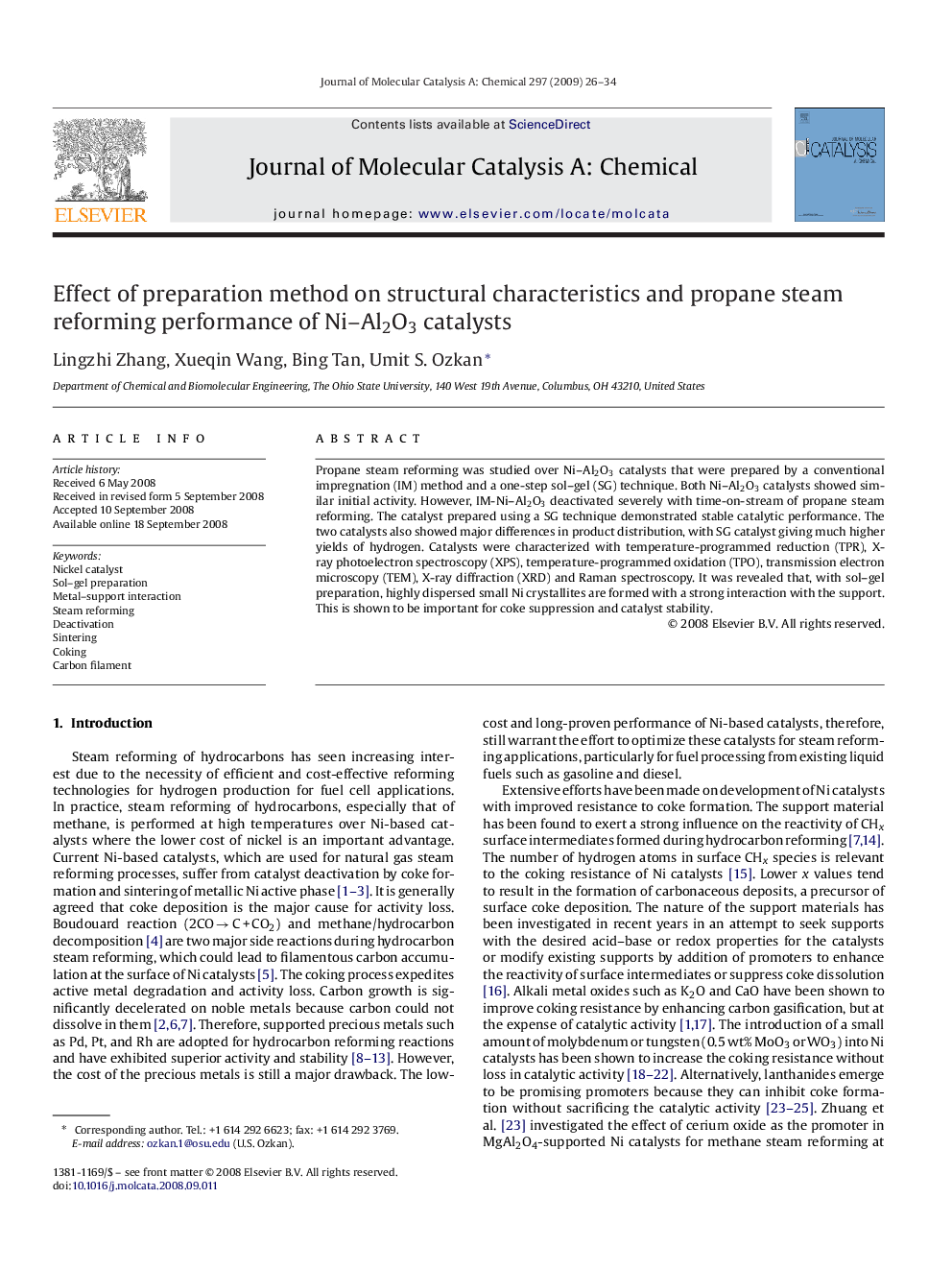 Effect of preparation method on structural characteristics and propane steam reforming performance of Ni–Al2O3 catalysts