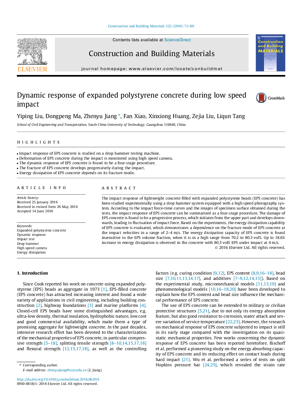 Dynamic response of expanded polystyrene concrete during low speed impact