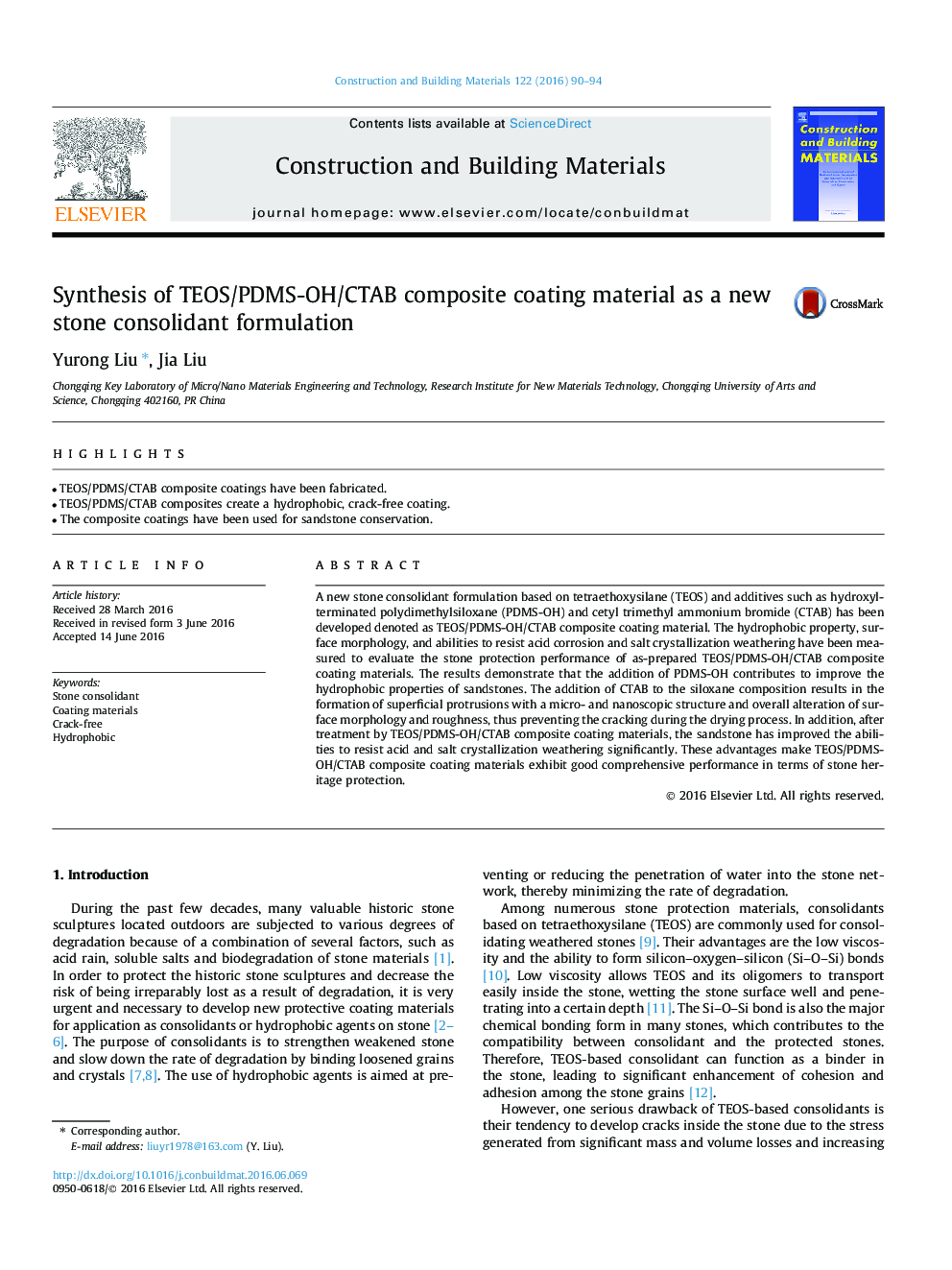 Synthesis of TEOS/PDMS-OH/CTAB composite coating material as a new stone consolidant formulation