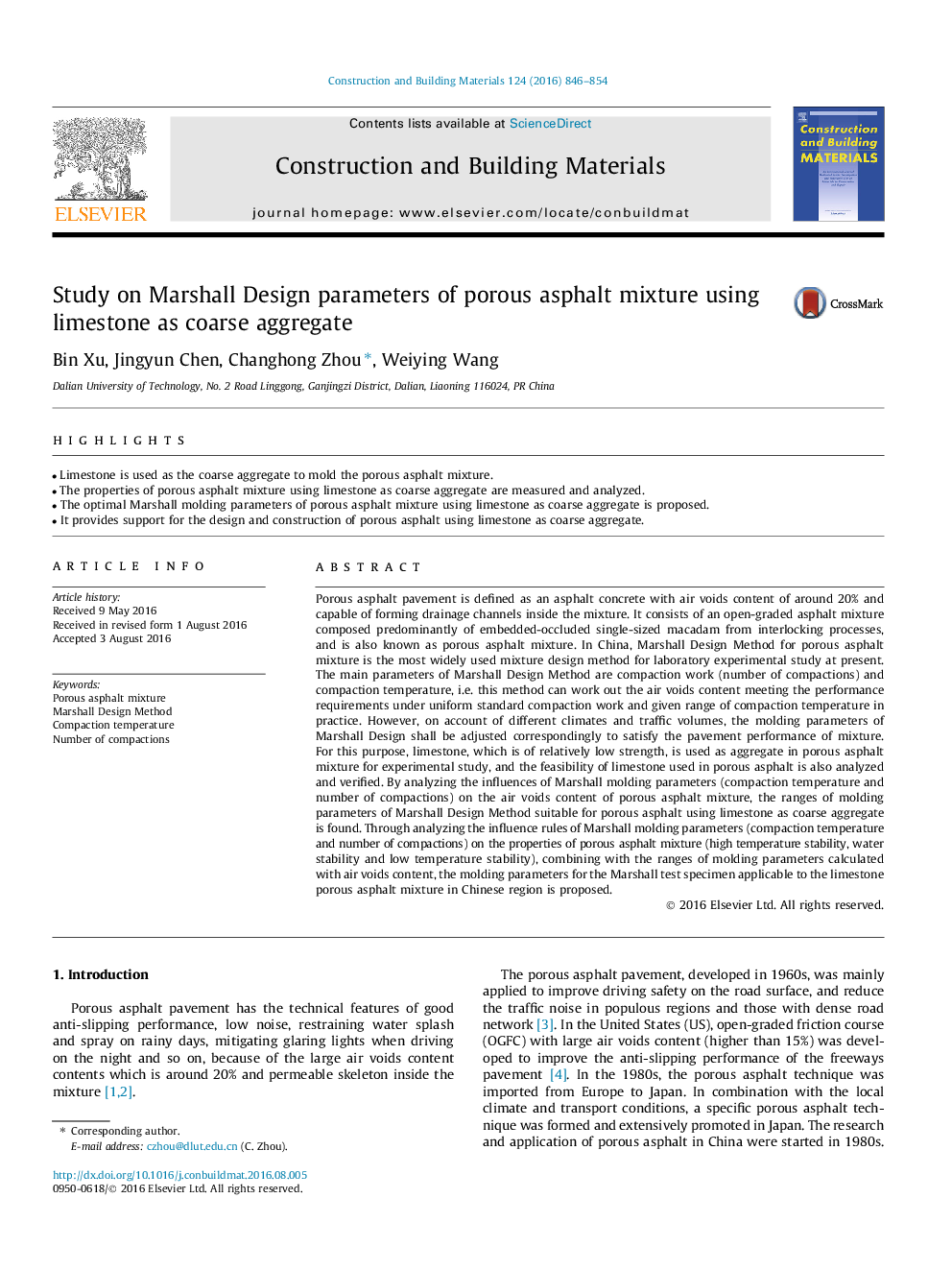 Study on Marshall Design parameters of porous asphalt mixture using limestone as coarse aggregate