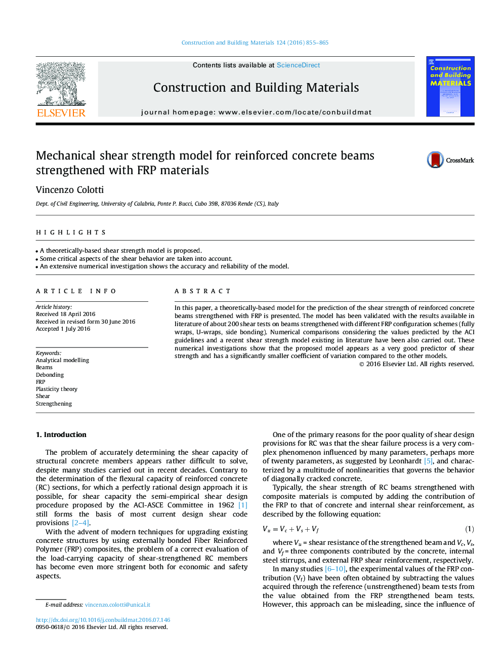 Mechanical shear strength model for reinforced concrete beams strengthened with FRP materials