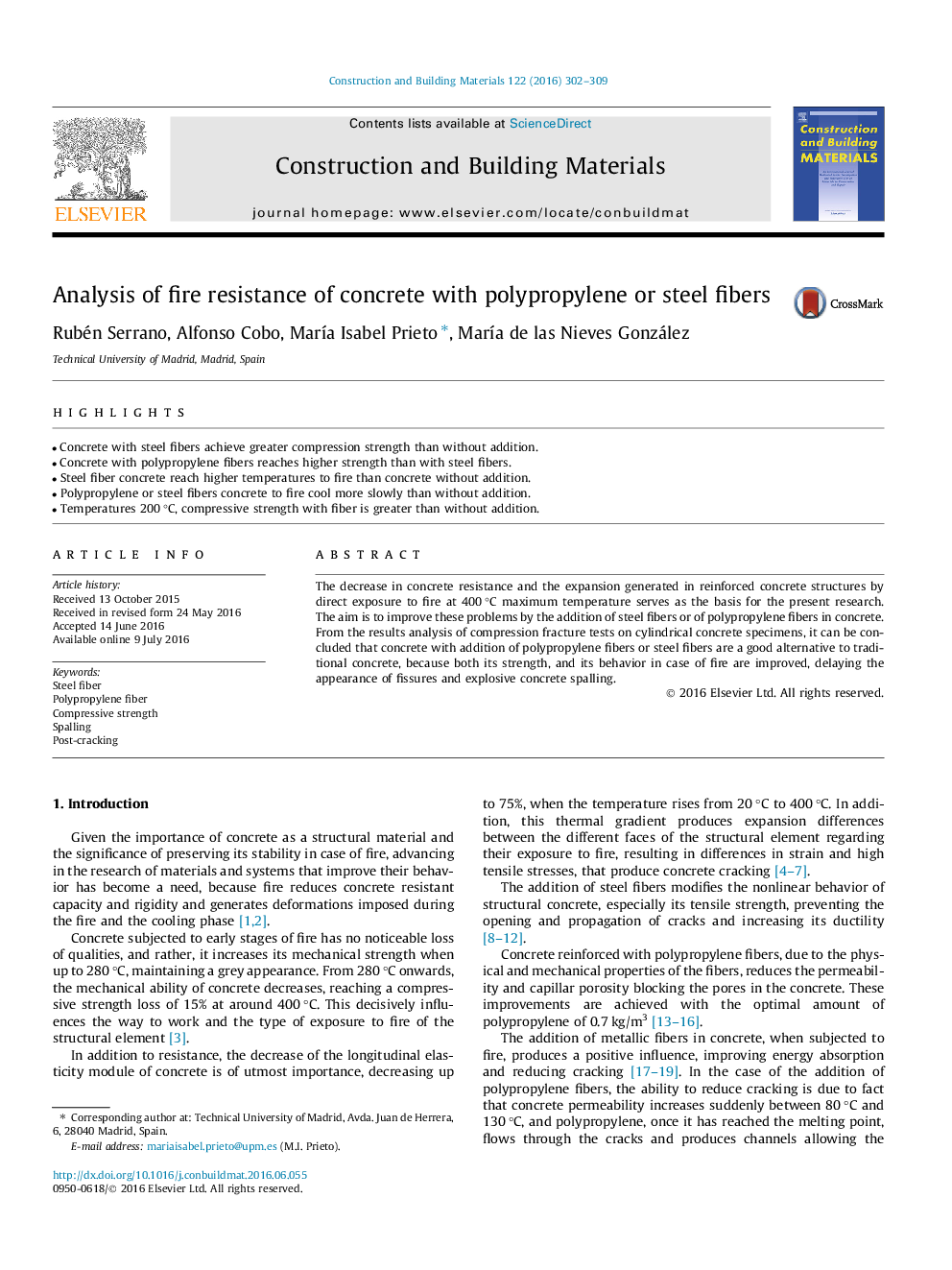 Analysis of fire resistance of concrete with polypropylene or steel fibers