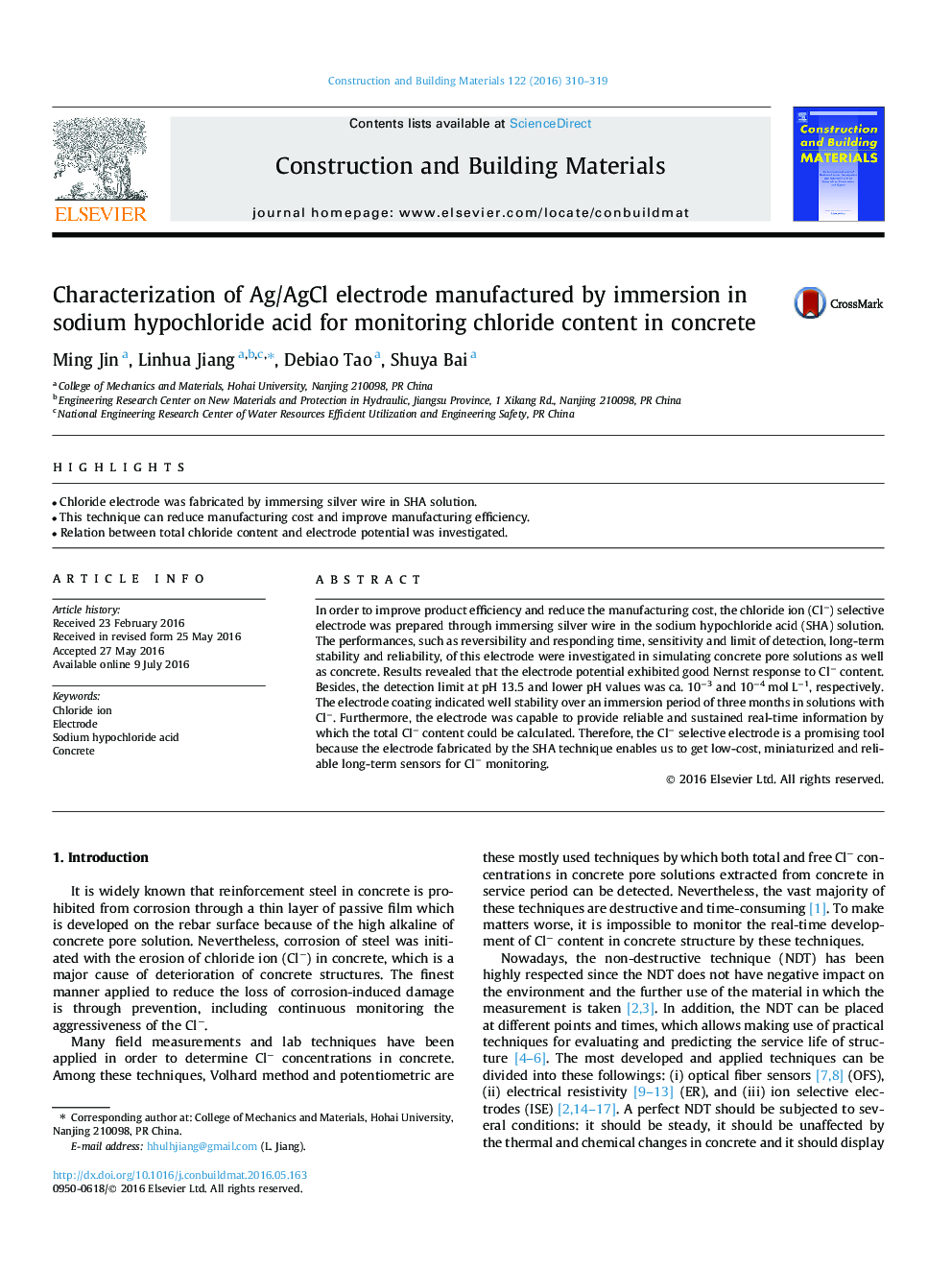 Characterization of Ag/AgCl electrode manufactured by immersion in sodium hypochloride acid for monitoring chloride content in concrete