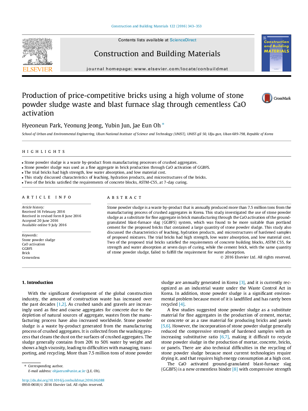 Production of price-competitive bricks using a high volume of stone powder sludge waste and blast furnace slag through cementless CaO activation