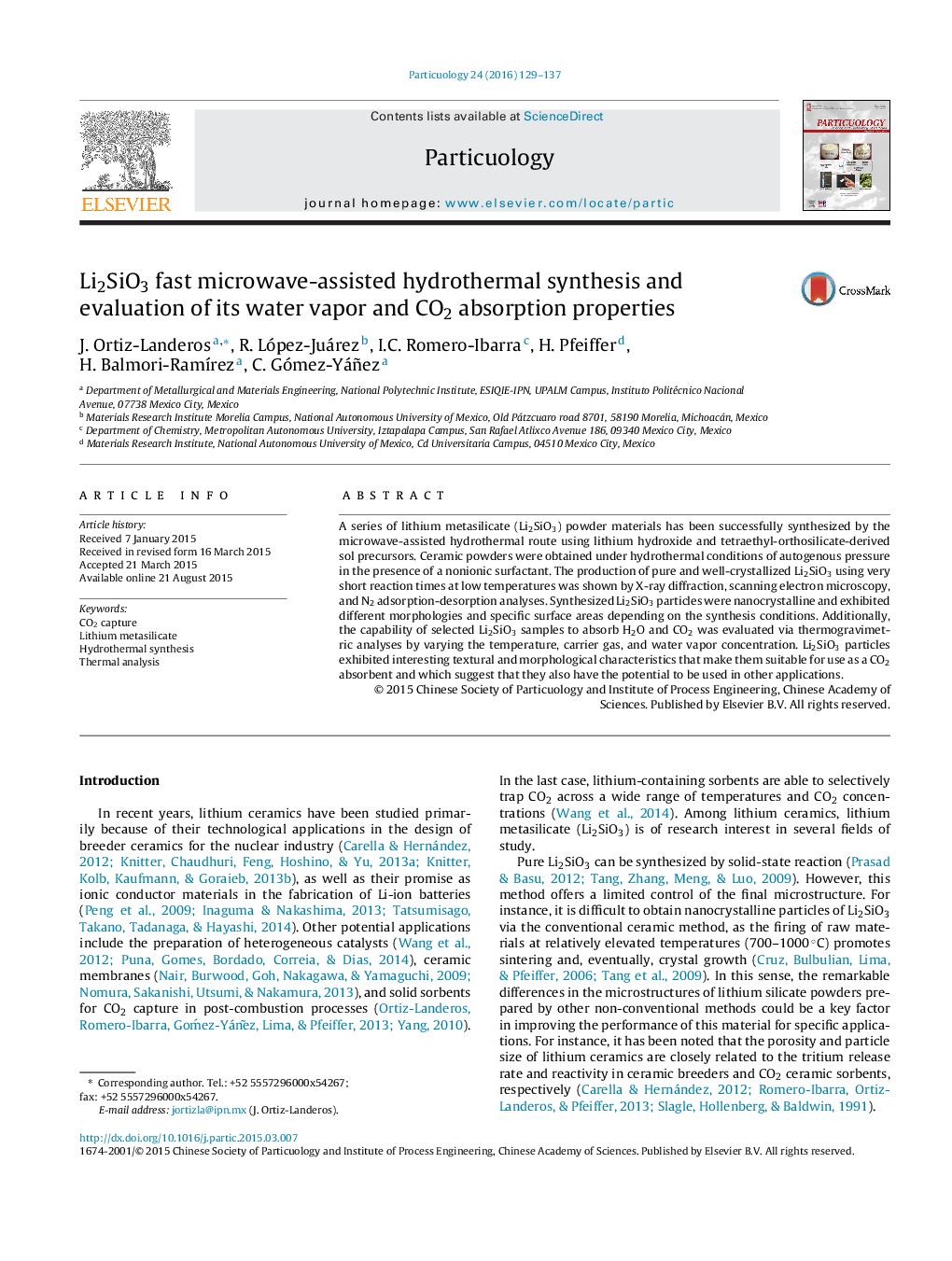 Li2SiO3 fast microwave-assisted hydrothermal synthesis and evaluation of its water vapor and CO2 absorption properties