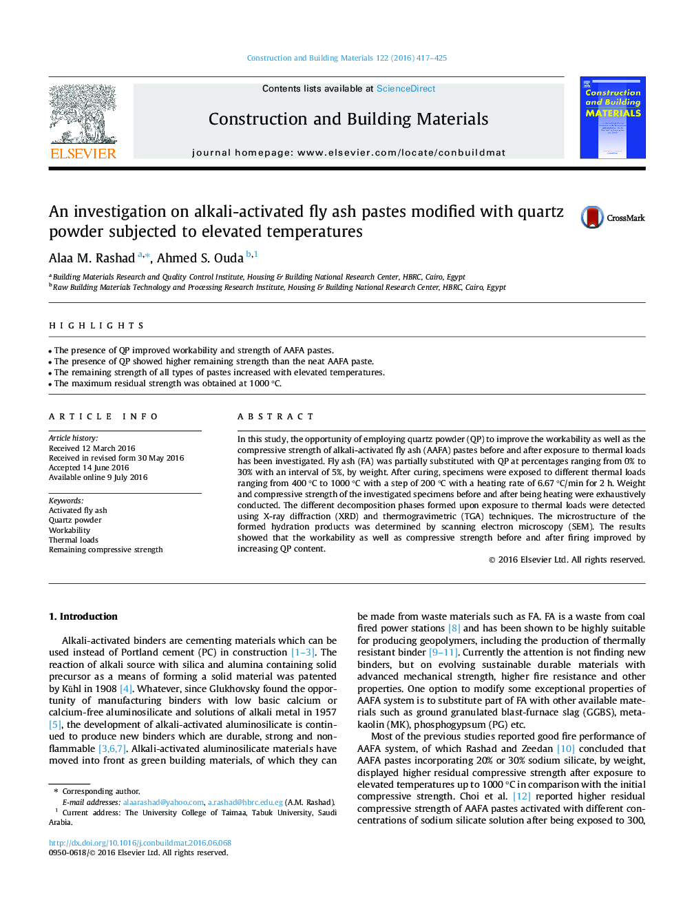 An investigation on alkali-activated fly ash pastes modified with quartz powder subjected to elevated temperatures