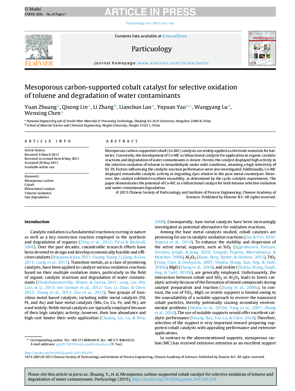 Mesoporous carbon-supported cobalt catalyst for selective oxidation of toluene and degradation of water contaminants