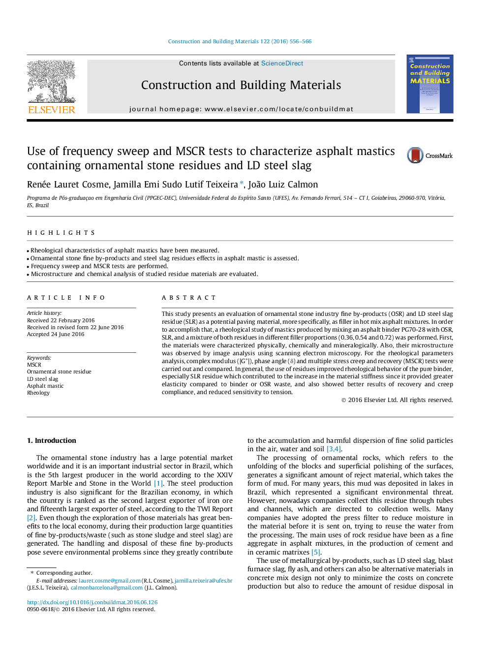 Use of frequency sweep and MSCR tests to characterize asphalt mastics containing ornamental stone residues and LD steel slag