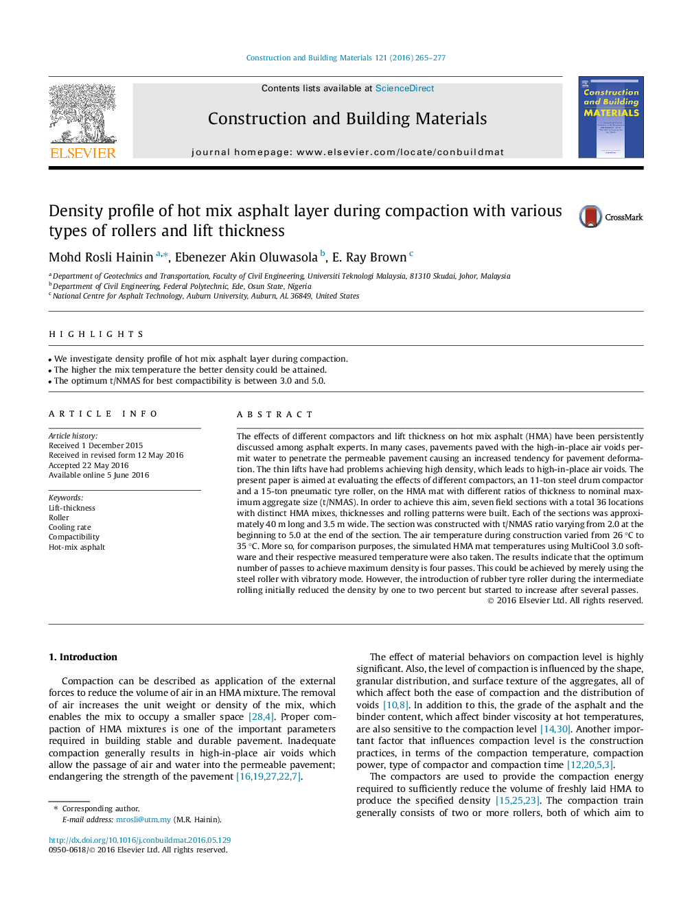 Density profile of hot mix asphalt layer during compaction with various types of rollers and lift thickness