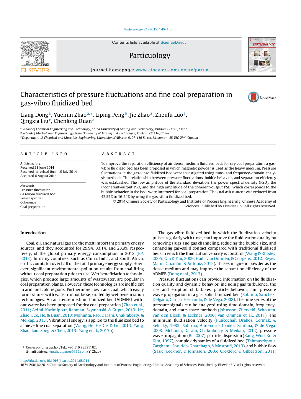 Characteristics of pressure fluctuations and fine coal preparation in gas-vibro fluidized bed