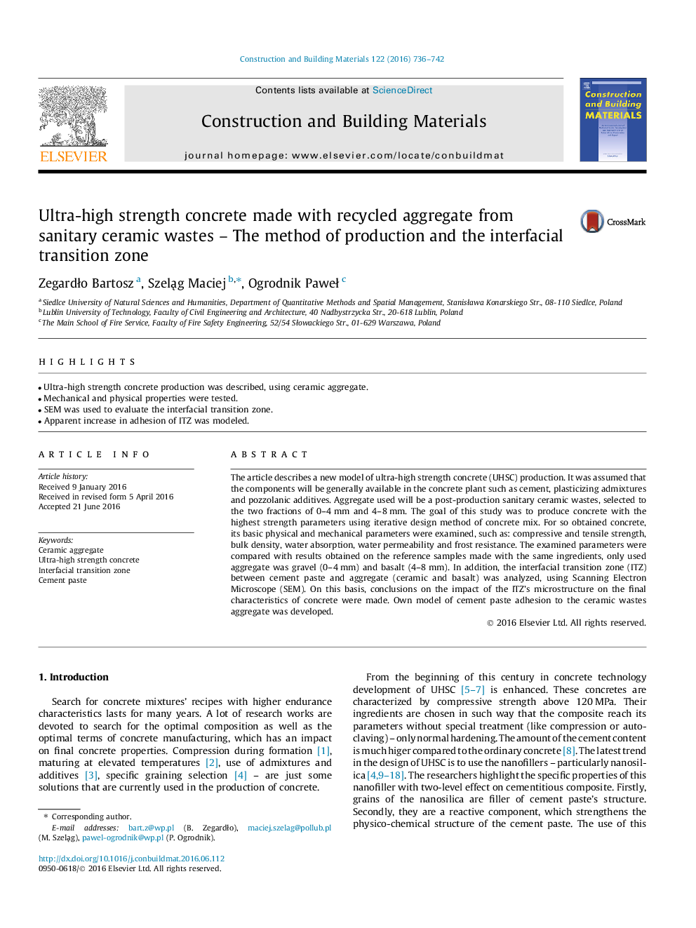 Ultra-high strength concrete made with recycled aggregate from sanitary ceramic wastes - The method of production and the interfacial transition zone