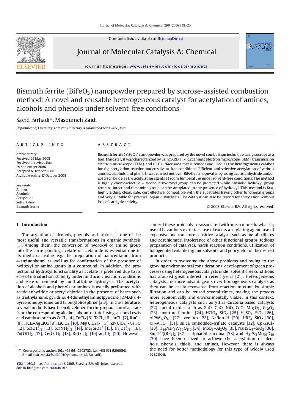 Bismuth ferrite (BiFeO3) nanopowder prepared by sucrose-assisted combustion method: A novel and reusable heterogeneous catalyst for acetylation of amines, alcohols and phenols under solvent-free conditions