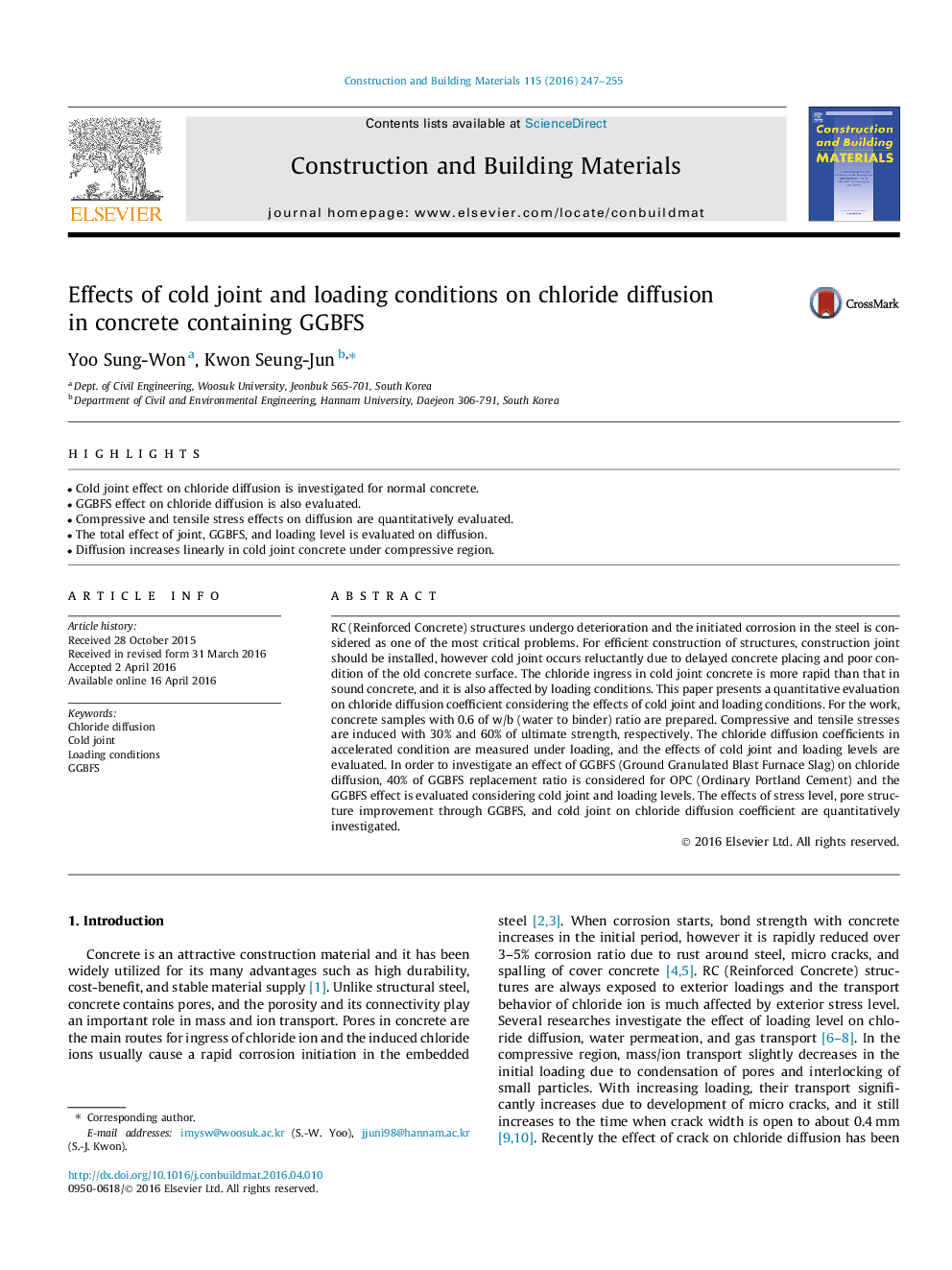 Effects of cold joint and loading conditions on chloride diffusion in concrete containing GGBFS