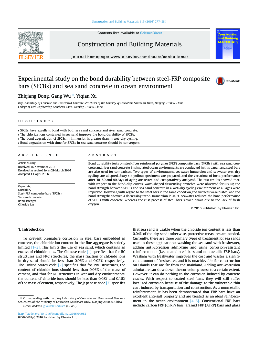 Experimental study on the bond durability between steel-FRP composite bars (SFCBs) and sea sand concrete in ocean environment