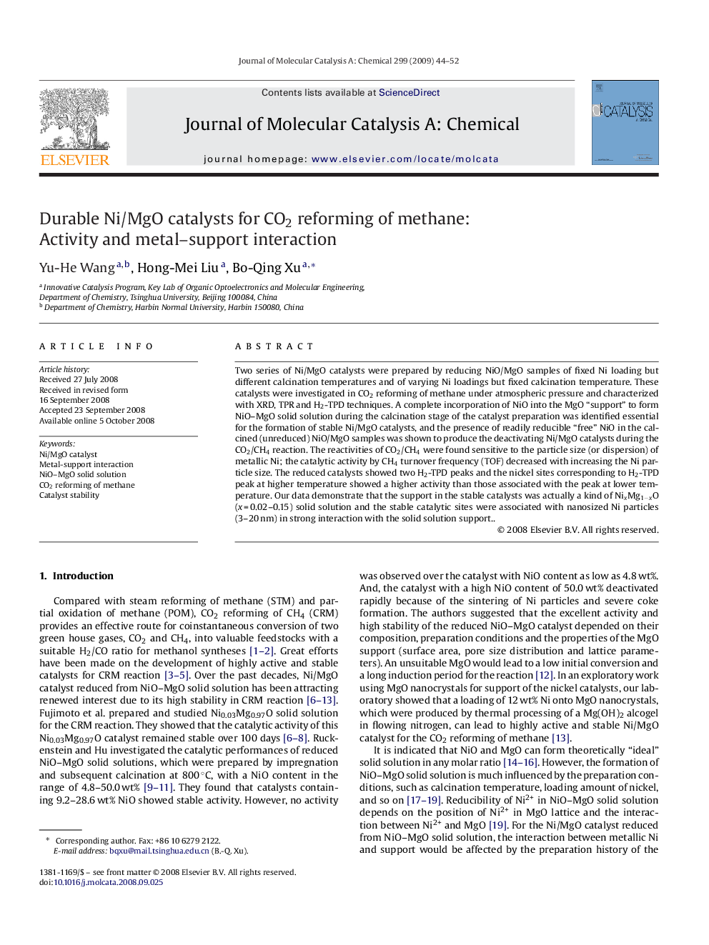 Durable Ni/MgO catalysts for CO2 reforming of methane: Activity and metal–support interaction