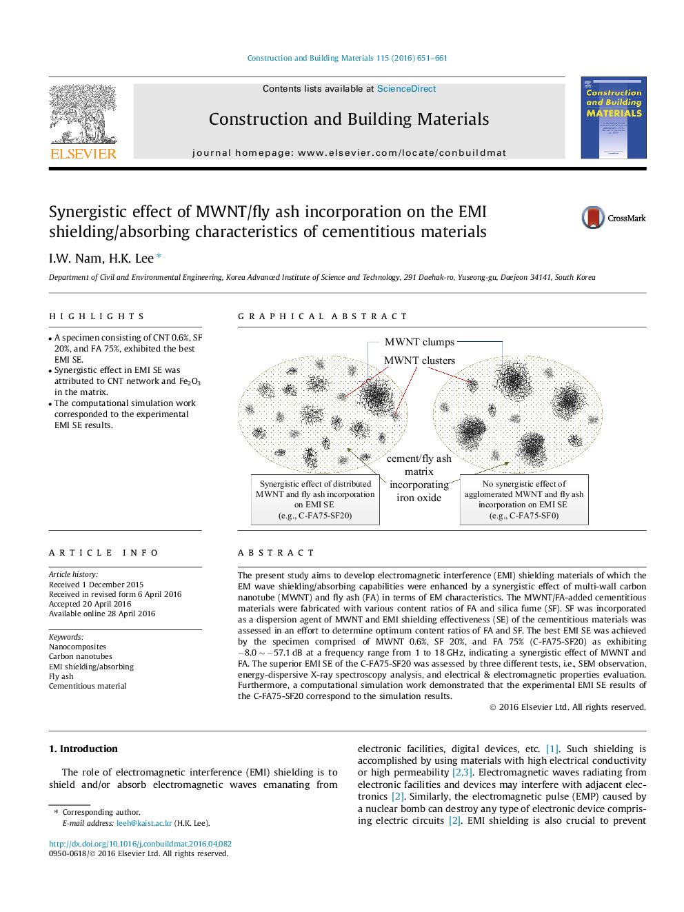 Synergistic effect of MWNT/fly ash incorporation on the EMI shielding/absorbing characteristics of cementitious materials