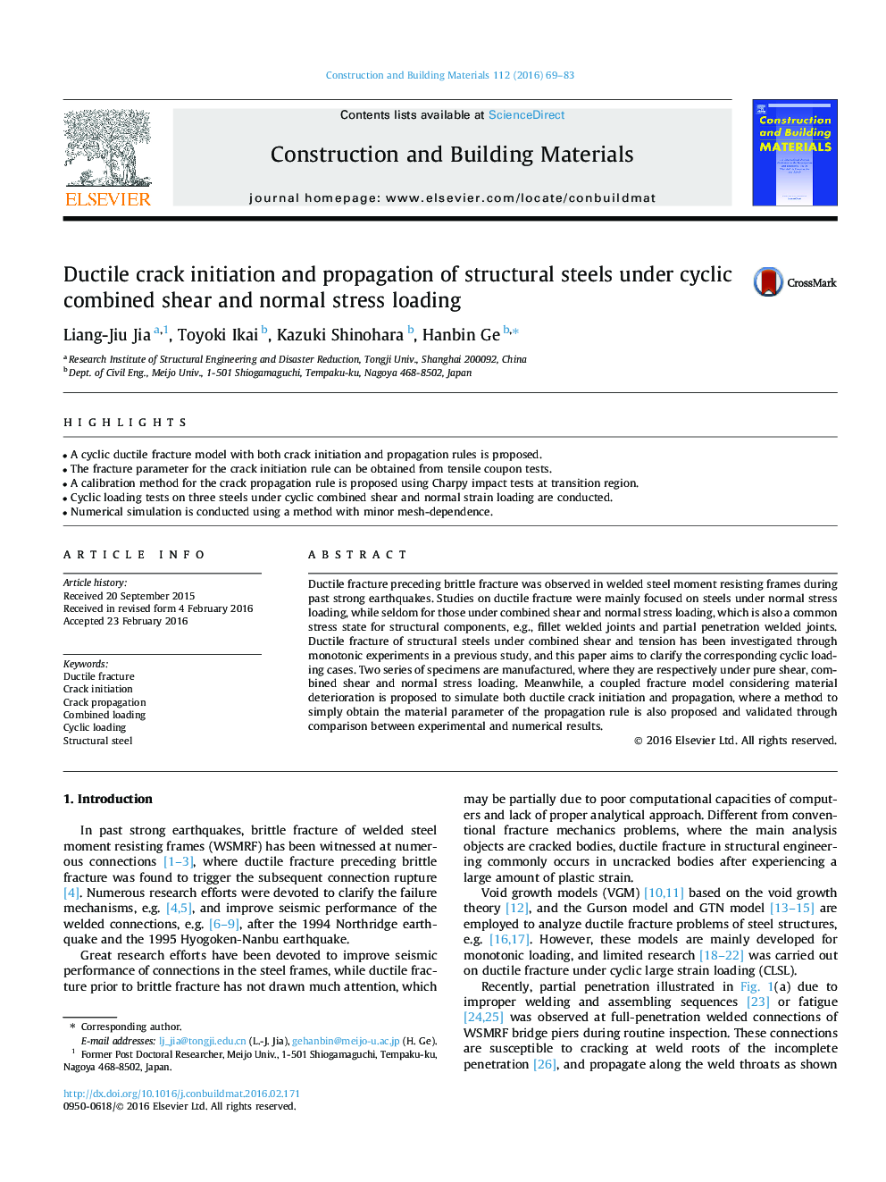 Ductile crack initiation and propagation of structural steels under cyclic combined shear and normal stress loading