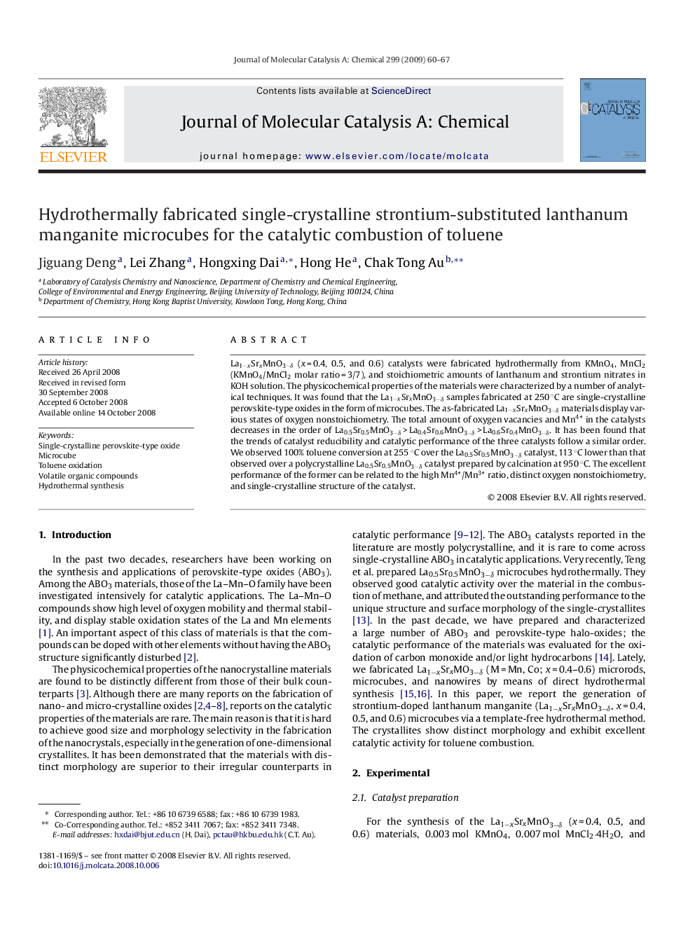 Hydrothermally fabricated single-crystalline strontium-substituted lanthanum manganite microcubes for the catalytic combustion of toluene