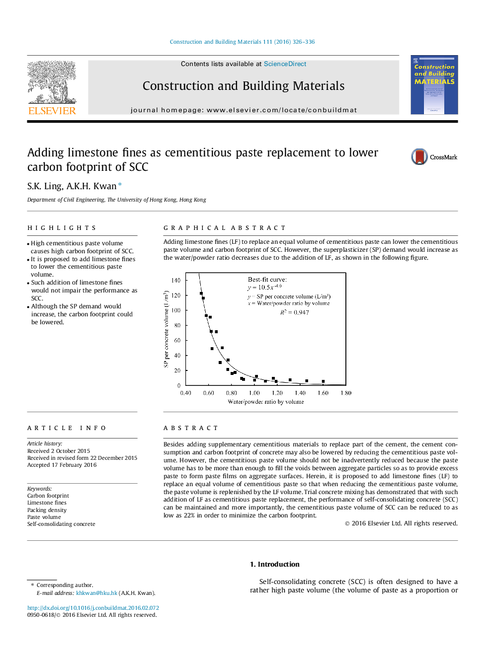 Adding limestone fines as cementitious paste replacement to lower carbon footprint of SCC