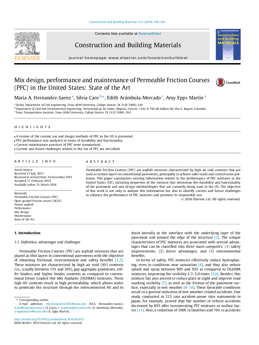 Mix design, performance and maintenance of Permeable Friction Courses (PFC) in the United States: State of the Art