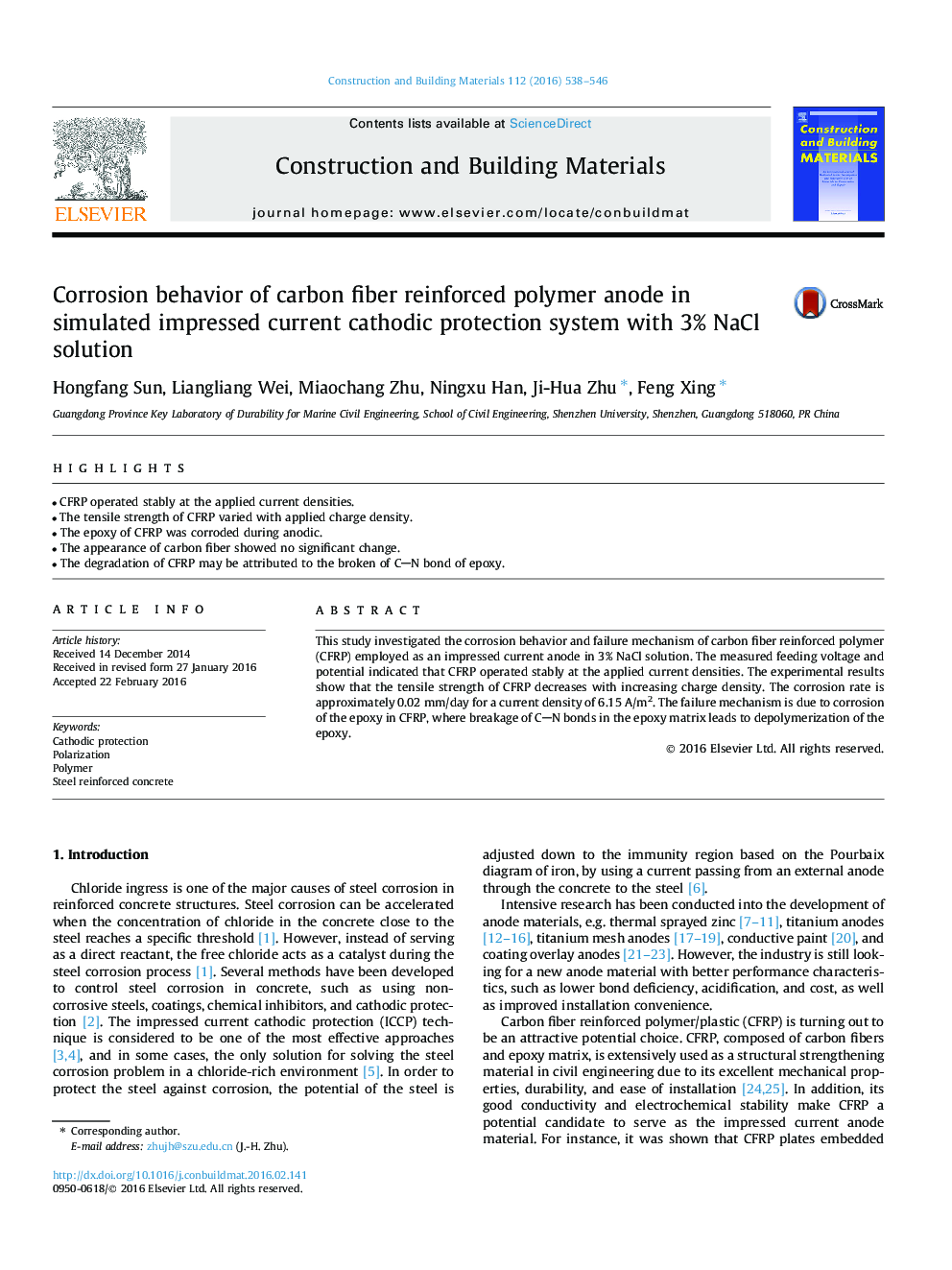 Corrosion behavior of carbon fiber reinforced polymer anode in simulated impressed current cathodic protection system with 3% NaCl solution