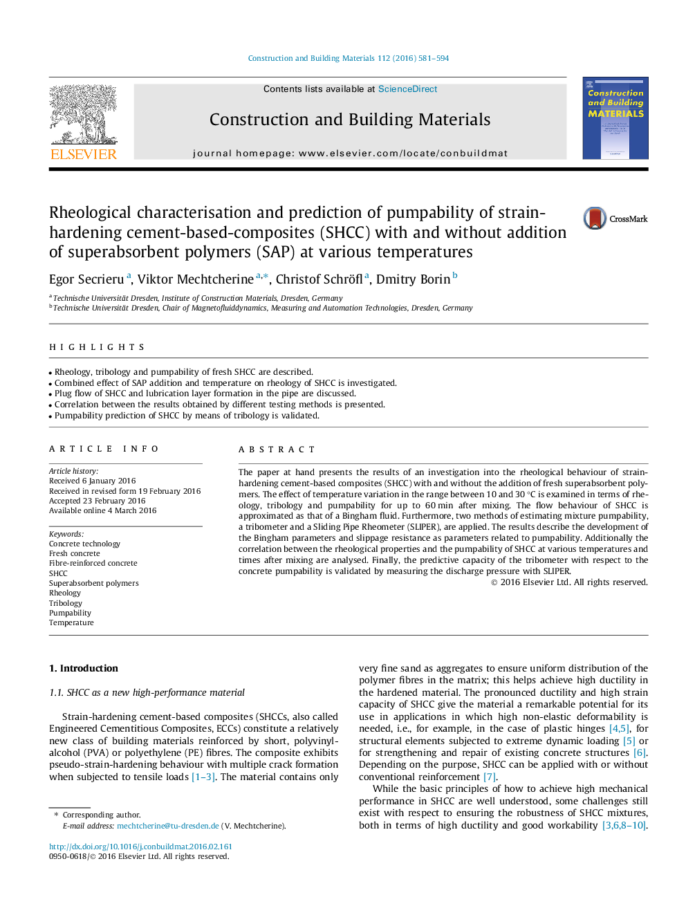 Rheological characterisation and prediction of pumpability of strain-hardening cement-based-composites (SHCC) with and without addition of superabsorbent polymers (SAP) at various temperatures