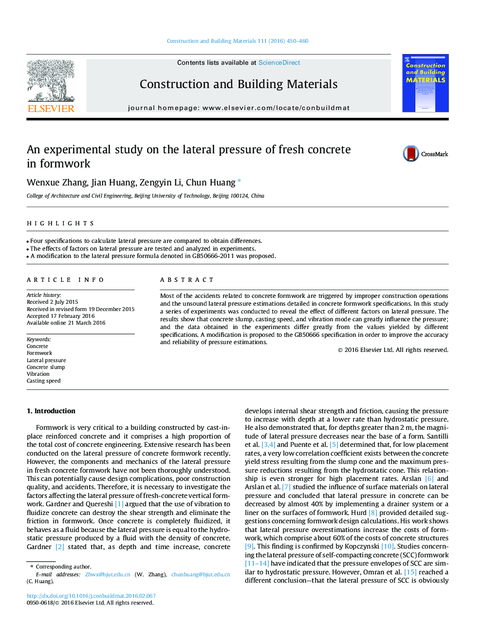 An experimental study on the lateral pressure of fresh concrete in formwork